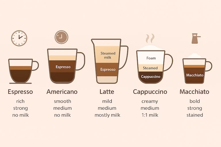 تفاوت انواع نوشیدنیهای قهوه – اسپرسو، آمریکانو، لاته، کاپوچینو و …